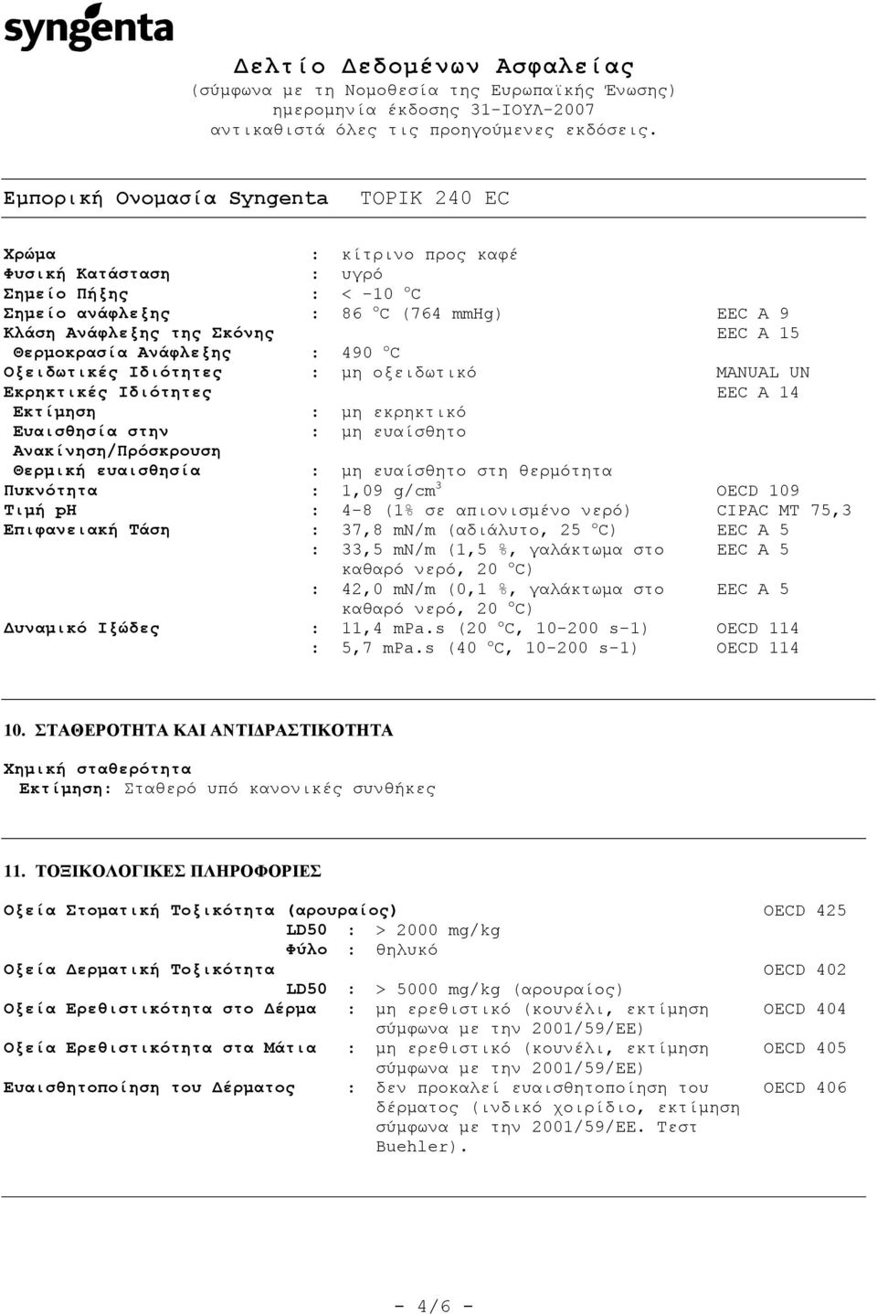 : 1,09 g/cm 3 OECD 109 Τηκή ph : 4-8 (1% ζε απηνληζκέλν λεξό) CIPAC MT 75,3 Δπηθαλεηαθή Τάζε : 37,8 mn/m (αδηάιπην, 25 o C) EEC A 5 : 33,5 mn/m (1,5 %, γαιάθησκα ζην EEC A 5 θαζαξό λεξό, 20 o C) :