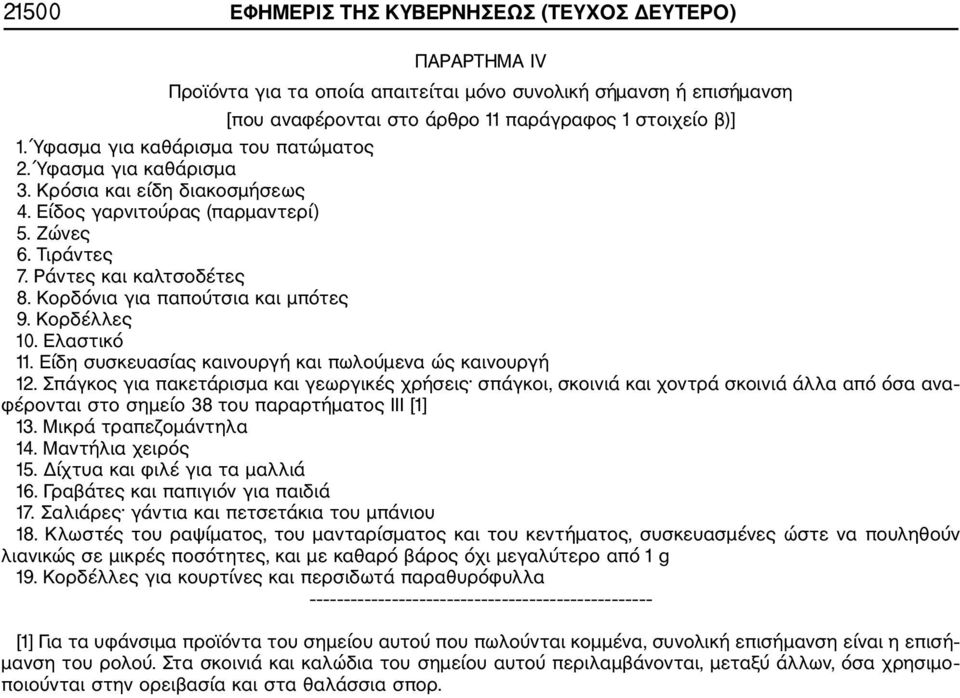 Κορδόνια για παπούτσια και μπότες 9. Κορδέλλες 10. Ελαστικό 11. Είδη συσκευασίας καινουργή και πωλούμενα ώς καινουργή 12.