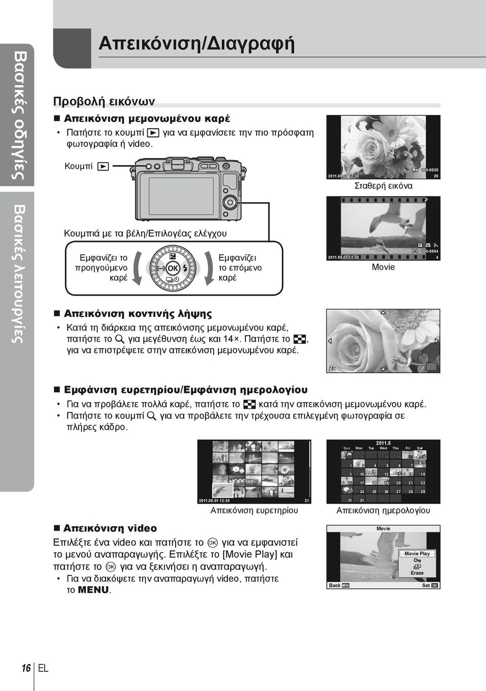 μεγέθυνση έως και 14. Πατήστε το G, για να επιστρέψετε στην απεικόνιση μεμονωμένου καρέ. L N 100-0020 2011.05.