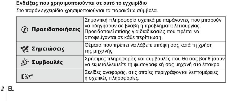 Προειδοποιεί επίσης για διαδικασίες που πρέπει να αποφεύγονται σε κάθε περίπτωση. Θέματα που πρέπει να λάβετε υπόψη σας κατά τη χρήση της μηχανής.