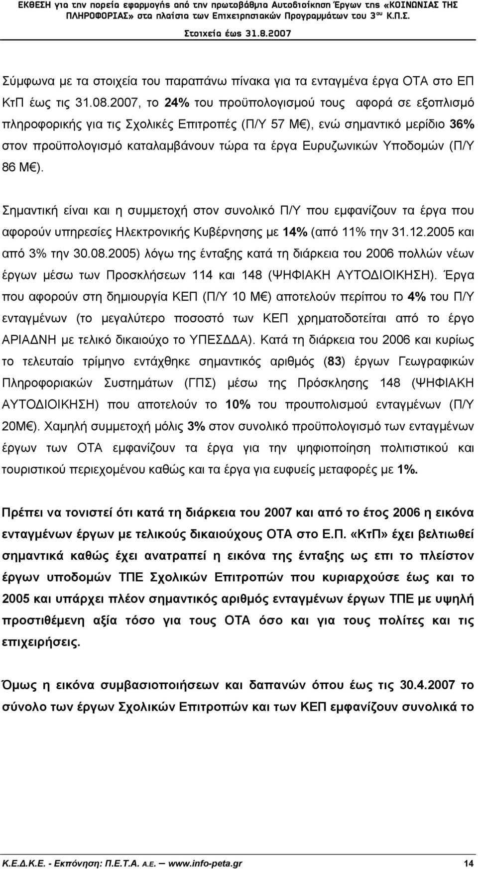 Υποδομών (Π/Υ 86 Μ ). Σημαντική είναι και η συμμετοχή στον συνολικό Π/Υ που εμφανίζουν τα έργα που αφορούν υπηρεσίες Ηλεκτρονικής Κυβέρνησης με 14% (από 11% την 31.12.2005 και από 3% την 30.08.