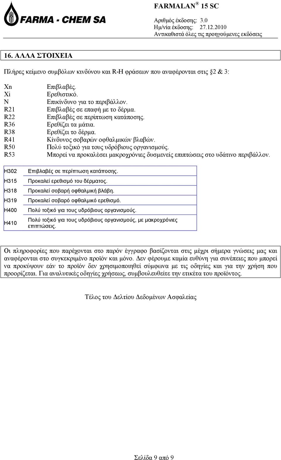 Μπορεί να προκαλέσει μακροχρόνιες δυσμενείς επιπτώσεις στο υδάτινο περιβάλλον. H302 H315 H318 H319 H400 H410 Επιβλαβές σε περίπτωση κατάποσης. Προκαλεί ερεθισμό του δέρματος.