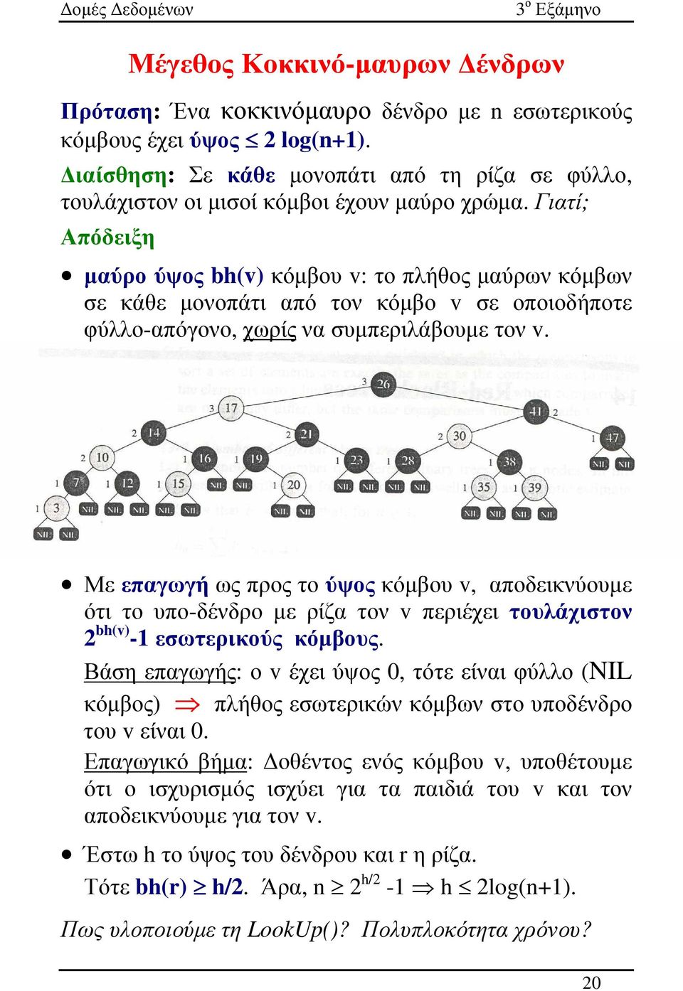 Γιατί; Απόδειξη µαύρο ύψος bh(v) κόµβου v: το πλήθος µαύρων κόµβων σε κάθε µονοπάτι από τον κόµβο v σε οποιοδήποτε φύλλο-απόγονο, χωρίς να συµπεριλάβουµε τον v.