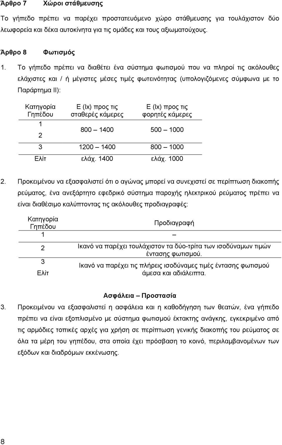 (lx) προς τις σταθερές κάμερες Ε (lx) προς τις φορητές κάμερες 800 1400 500 1000 3 1200 1400 800 1000 Ελίτ ελάχ. 1400 ελάχ. 1000 2.