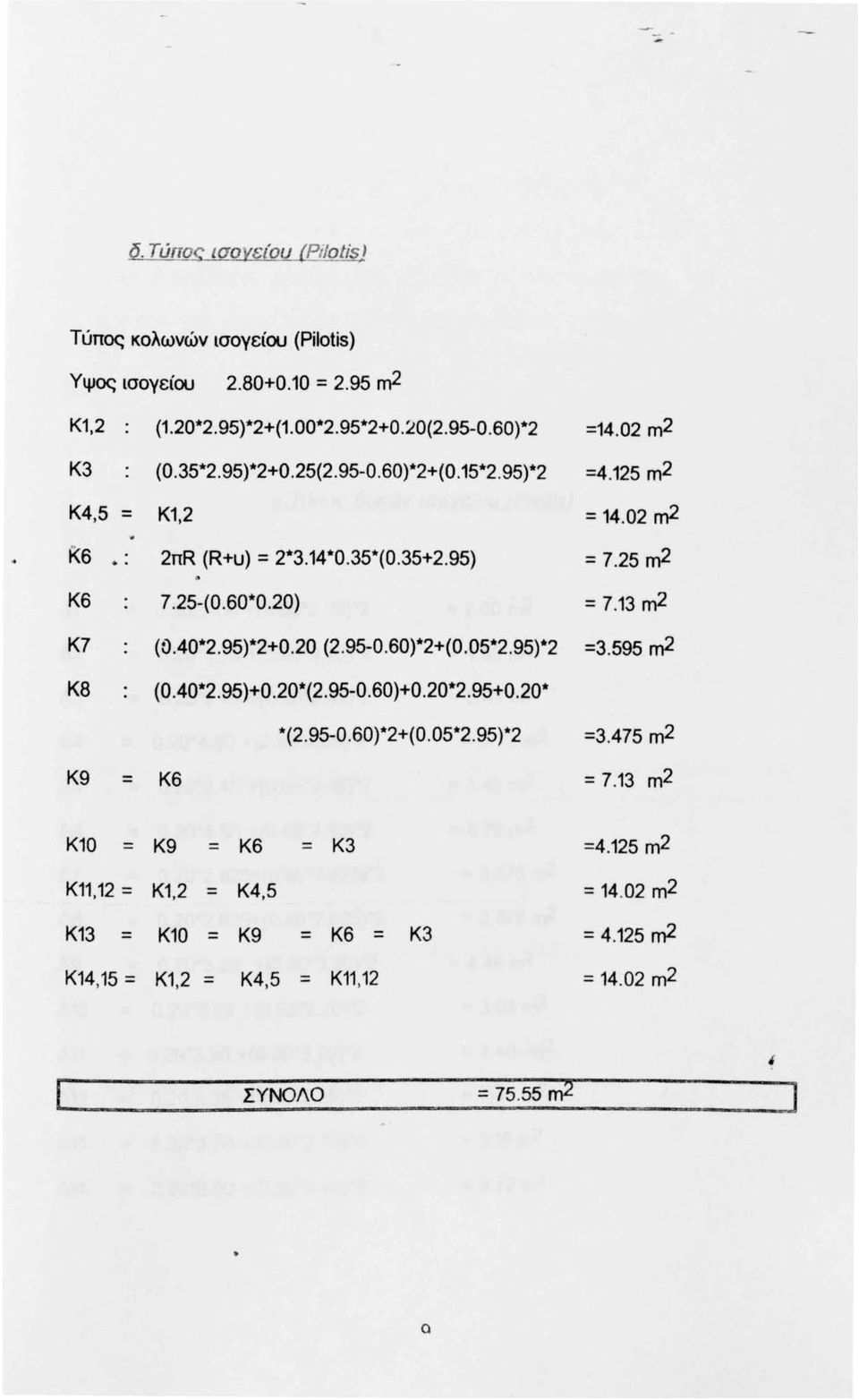 13 m2 Κ7 (D.40*2.95)*2+0.20 (2.95-0.60)*2+(0.05*2.95)*2 =3.595 m2 Κ8 (Ο.40*2.95)+0.20*(2.95-0.60)+0.20*2. 95+0.20* *(2.95-0.60)*2+(0.05*2.95)*2 =3.475 m2 Κ9 = Κβ = 7.