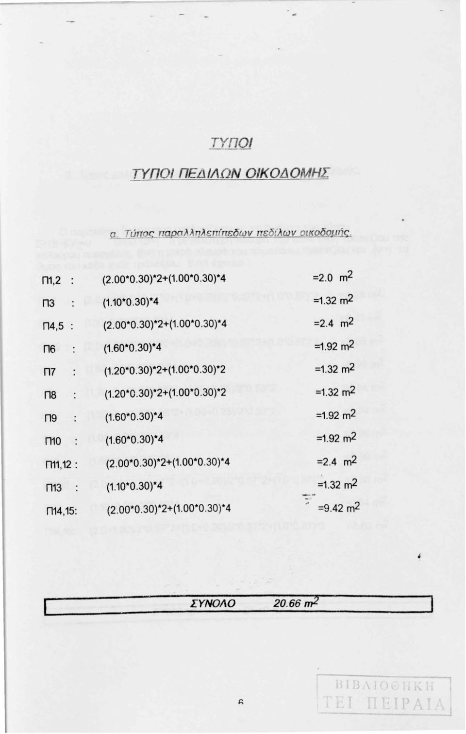 60*0.30)*4 =1.92 m2 Π10 (1.60*0.30)*4 =1.92 m2 Π11, 12 : (2. ΟΟ*Ο. 30)*2+(1. 00*0. 30)*4 =2.4 m2 ' Π13. (1.10*0.