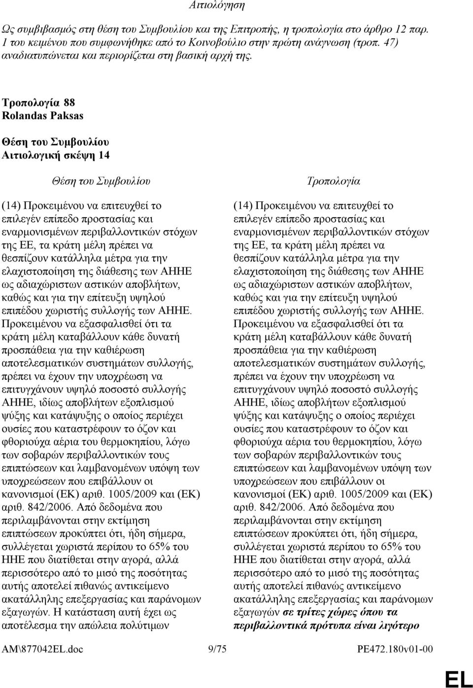 88 Rolandas Paksas Αιτιολογική σκέψη 14 (14) Προκειμένου να επιτευχθεί το επιλεγέν επίπεδο προστασίας και εναρμονισμένων περιβαλλοντικών στόχων της ΕΕ, τα κράτη μέλη πρέπει να θεσπίζουν κατάλληλα