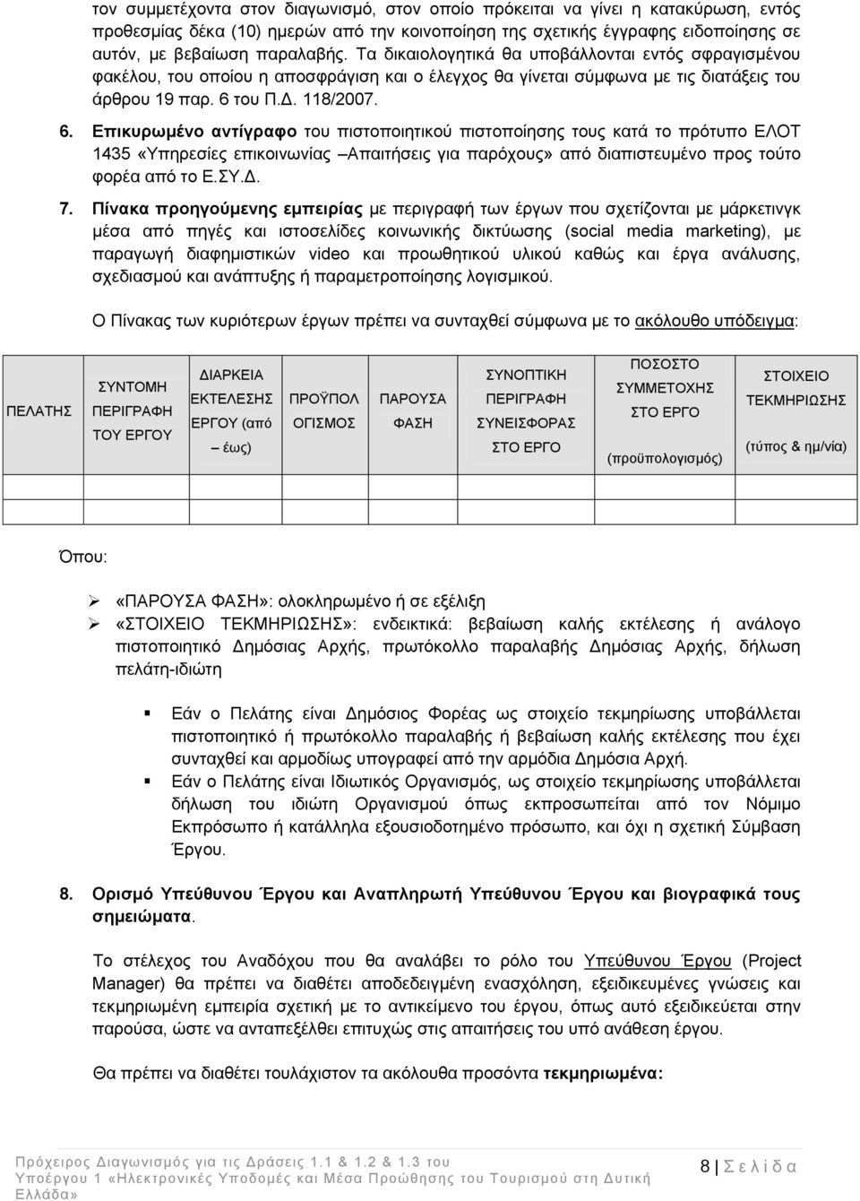 ηνπ Π.Γ. 118/2007. 6. Δπηθπξσκέλν αληίγξαθν ηνπ πηζηνπνηεηηθνχ πηζηνπνίεζεο ηνπο θαηά ην πξφηππν ΔΛΟΣ 1435 «Τπεξεζίεο επηθνηλσλίαο Απαηηήζεηο γηα παξφρνπο» απφ δηαπηζηεπκέλν πξνο ηνχην θνξέα απφ ην Δ.