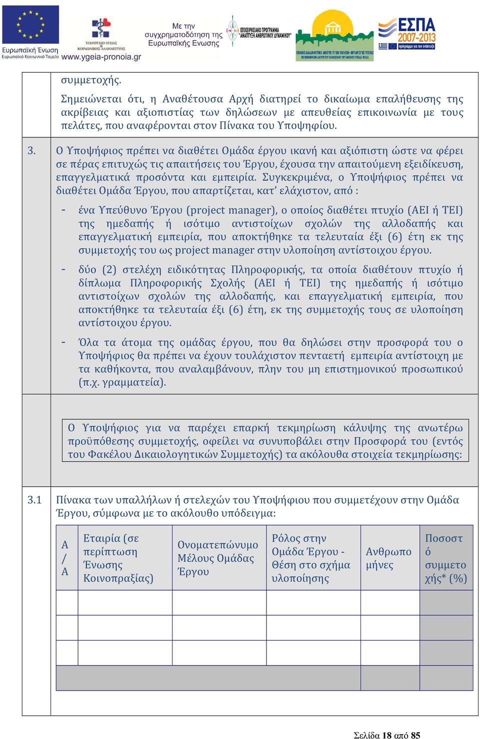 Ο Υποψήφιος πρέπει να διαθέτει Ομάδα έργου ικανή και αξιόπιστη ώστε να φέρει σε πέρας επιτυχώς τις απαιτήσεις του Έργου, έχουσα την απαιτούμενη εξειδίκευση, επαγγελματικά προσόντα και εμπειρία.