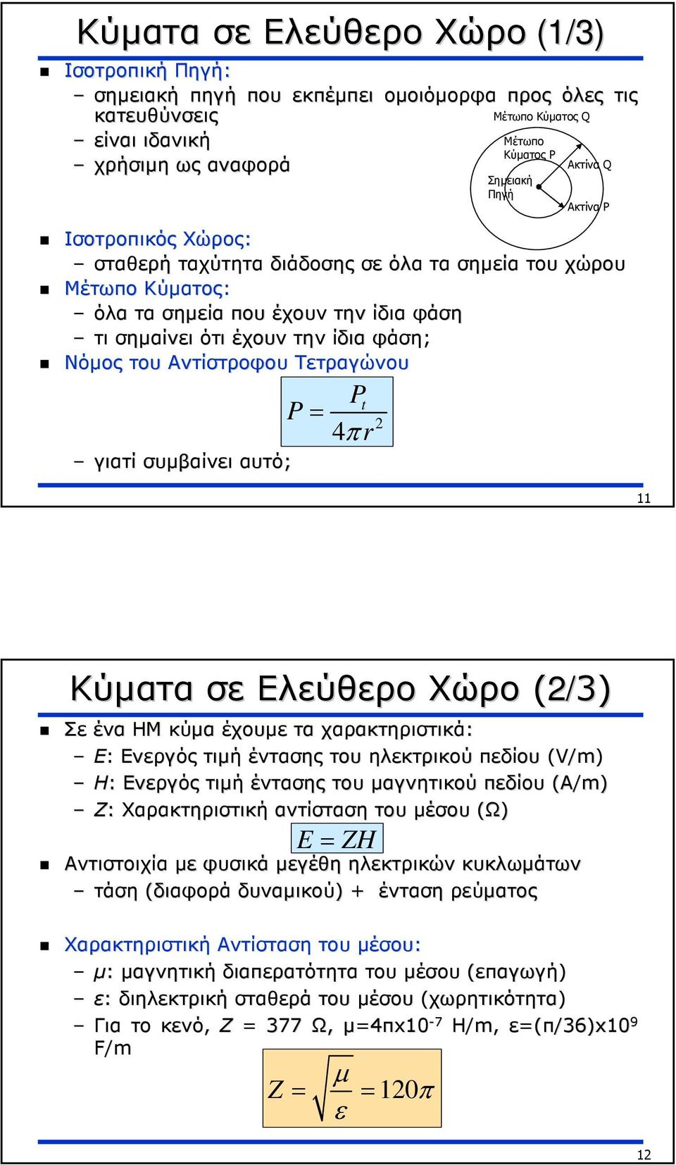 Τετραγώνου γιατί συµβαίνει αυτό; P= P t 4π r 2 11 Κύµατα σε Ελεύθερο Χώρο (2/ 2/3) Σε ένα ΗΜ κύµα έχουµε τα χαρακτηριστικά: Ε: Ενεργός τιµή έντασης του ηλεκτρικού πεδίου (V/m) H: Ενεργός τιµή έντασης