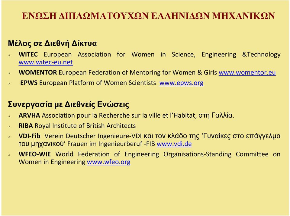 org Συνεργασία με Διεθνείς Ενώσεις ARVHA Association pour la Recherche sur la ville et l Habitat, στη Γαλλία.