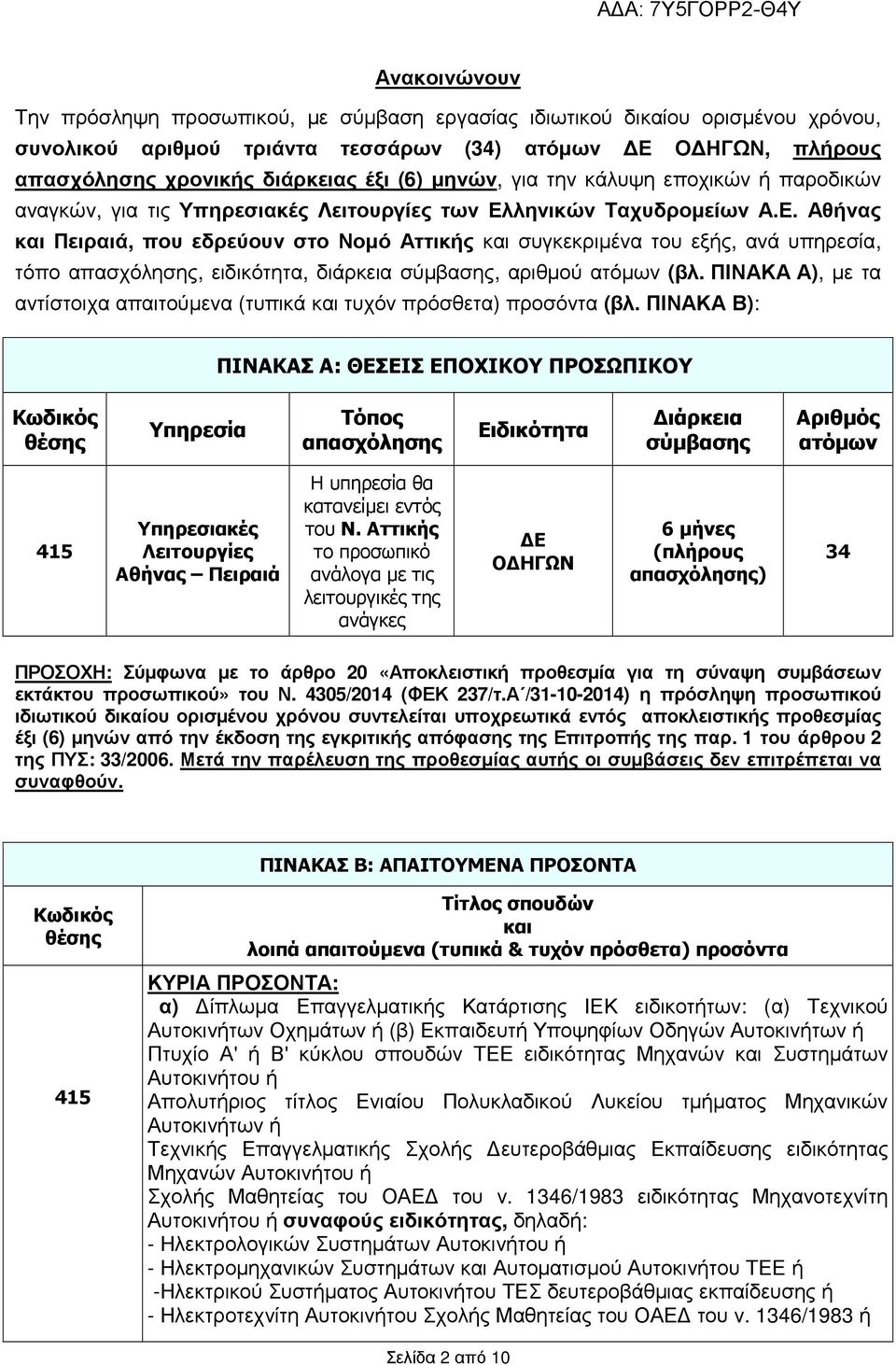 ληνικών Ταχυδροµείων Α.Ε. Αθήνας και Πειραιά, που εδρεύουν στο Νοµό Αττικής και συγκεκριµένα του εξής, ανά υπηρεσία, τόπο απασχόλησης, ειδικότητα, διάρκεια σύµβασης, αριθµού ατόµων (βλ.