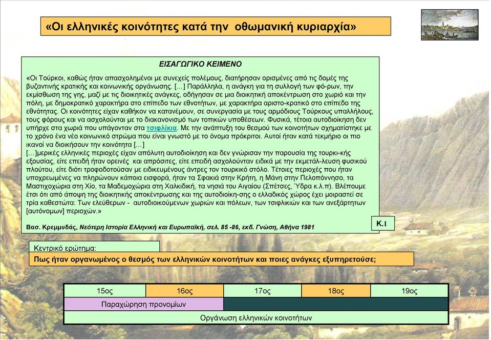 [ ] Παράλληλα, η ανάγκη για τη συλλογή των φό-ρων, την εκµίσθωση της γης, µαζί µε τις διοικητικές ανάγκες, οδήγησαν σε µια διοικητική αποκέντρωση στο χωριό και την πόλη, µε δηµοκρατικό χαρακτήρα στο