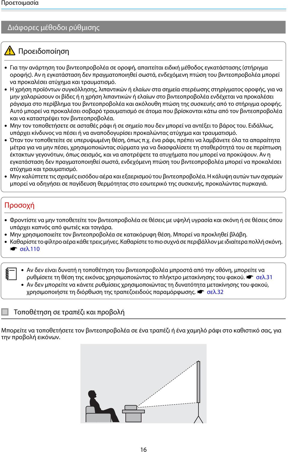 Η χρήση προϊόντων συγκόλλησης, λιπαντικών ή ελαίων στα σημεία στερέωσης στηρίγματος οροφής, για να μην χαλαρώσουν οι βίδες ή η χρήση λιπαντικών ή ελαίων στο βιντεοπροβολέα ενδέχεται να προκαλέσει