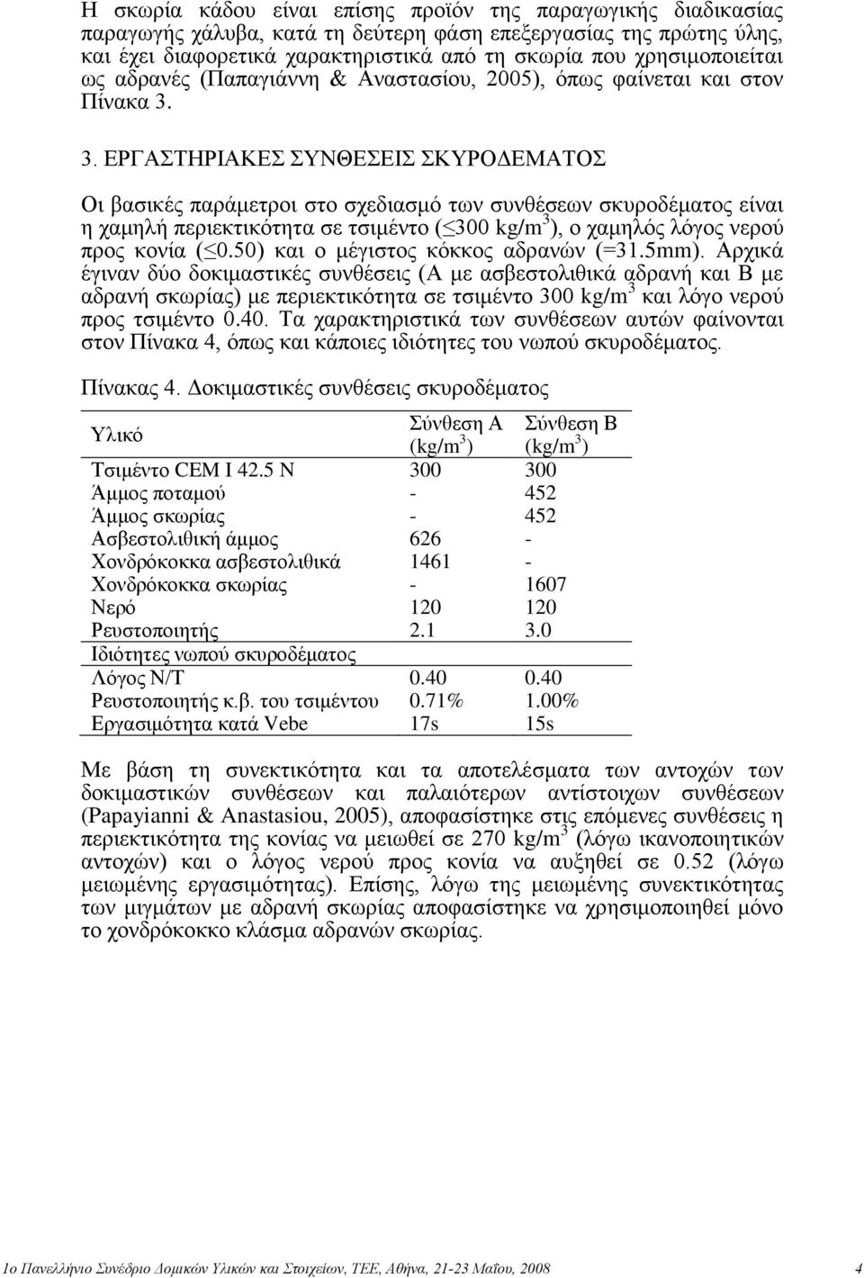 3. ΔΡΓΑΣΗΡΙΑΚΔ ΤΝΘΔΔΙ ΚΤΡΟΓΔΜΑΣΟ Οη βαζηθέο παξάκεηξνη ζην ζρεδηαζκό ησλ ζπλζέζεσλ ζθπξνδέκαηνο είλαη ε ρακειή πεξηεθηηθόηεηα ζε ηζηκέλην ( 300 kg/m 3 ), ν ρακειόο ιόγνο λεξνύ πξνο θνλία ( 0.