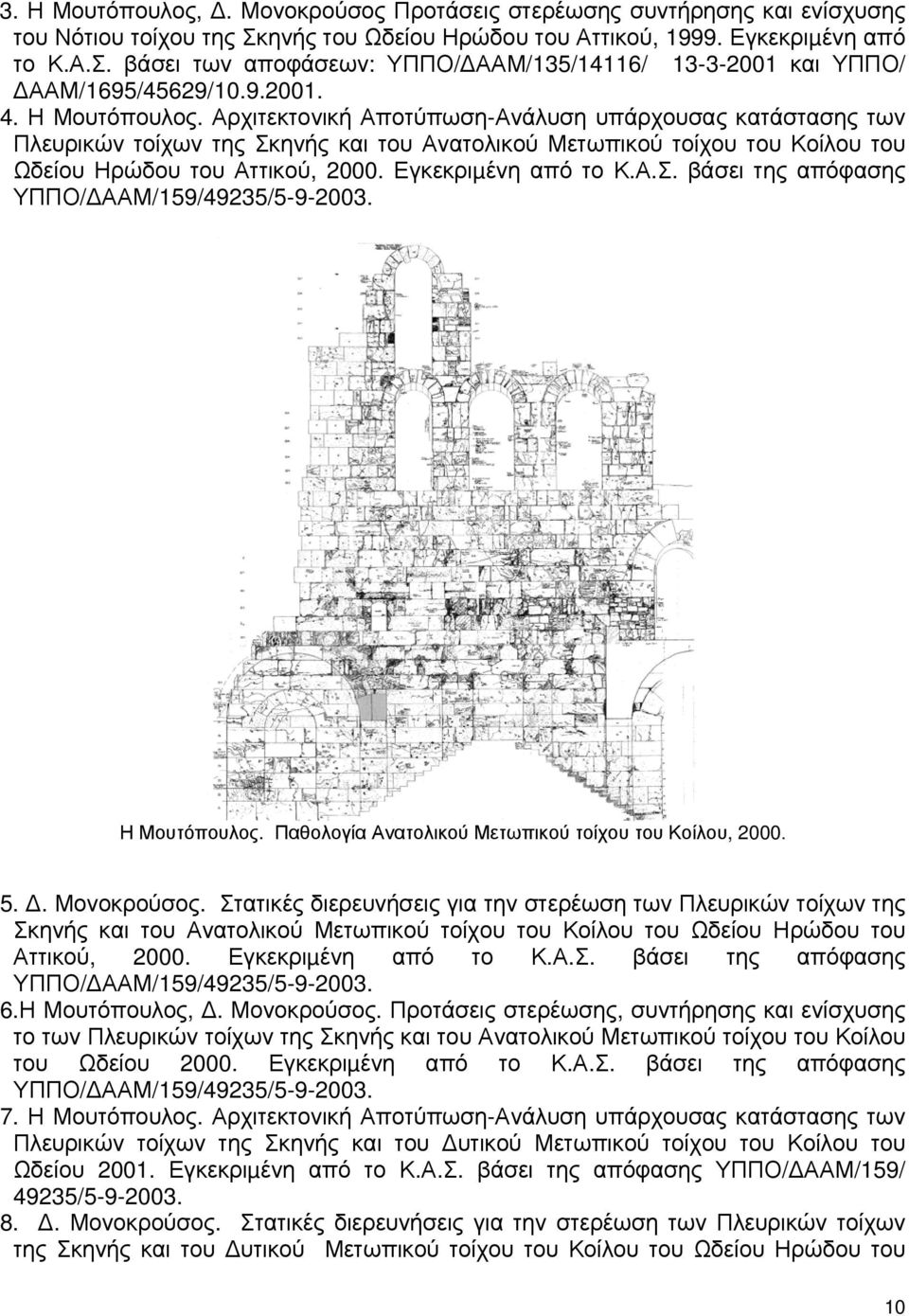 Εγκεκριµένη από το Κ.Α.Σ. βάσει της απόφασης ΥΠΠΟ/ ΑΑΜ/159/49235/5-9-2003. Η Μουτόπουλος. Παθολογία Ανατολικού Μετωπικού τοίχου του Κοίλου, 2000. 5.. Μονοκρούσος.