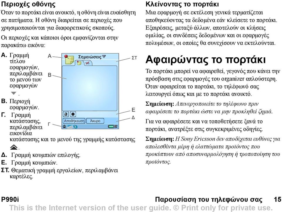 Γραµµή Δ κατάστασης, Αποθήκευση Άκυρο Γ περιλαµβάνει εικονίδια κατάστασης και το µενού της γραµµής κατάστασης.. Γραµµή κουµπιών επιλογής. E. Γραµµή κουµπιών. ΣΤ.