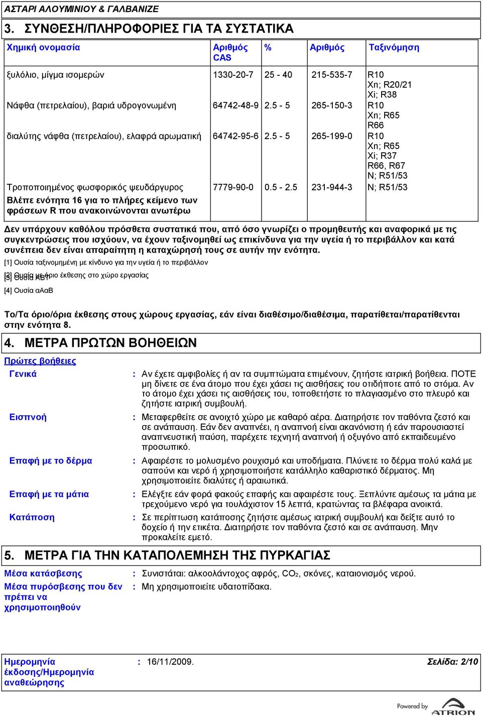 5-5 265-199-0 R10 Xn; R65 Xi; R7 R66, R67 N; R51/5 Τροποποιημένος φωσφορικός ψευδάργυρος 7779-90-0 0.5-2.