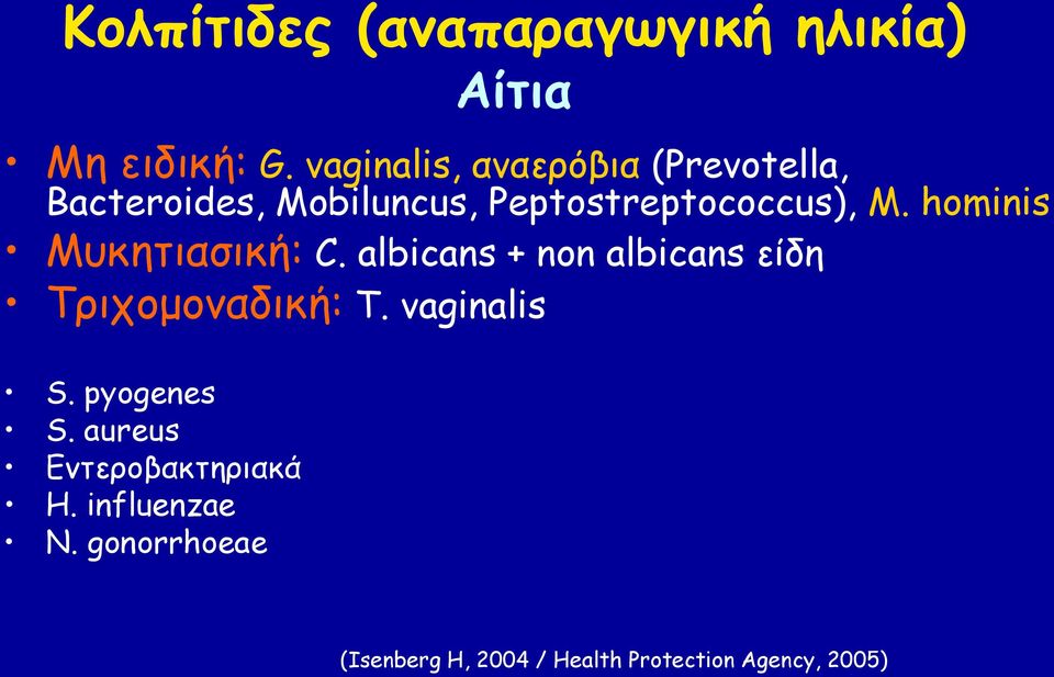 hominis Ιοθεηηαζηθή: C. albicans + non albicans είδε Σνηπμμμκαδηθή: T. vaginalis S.