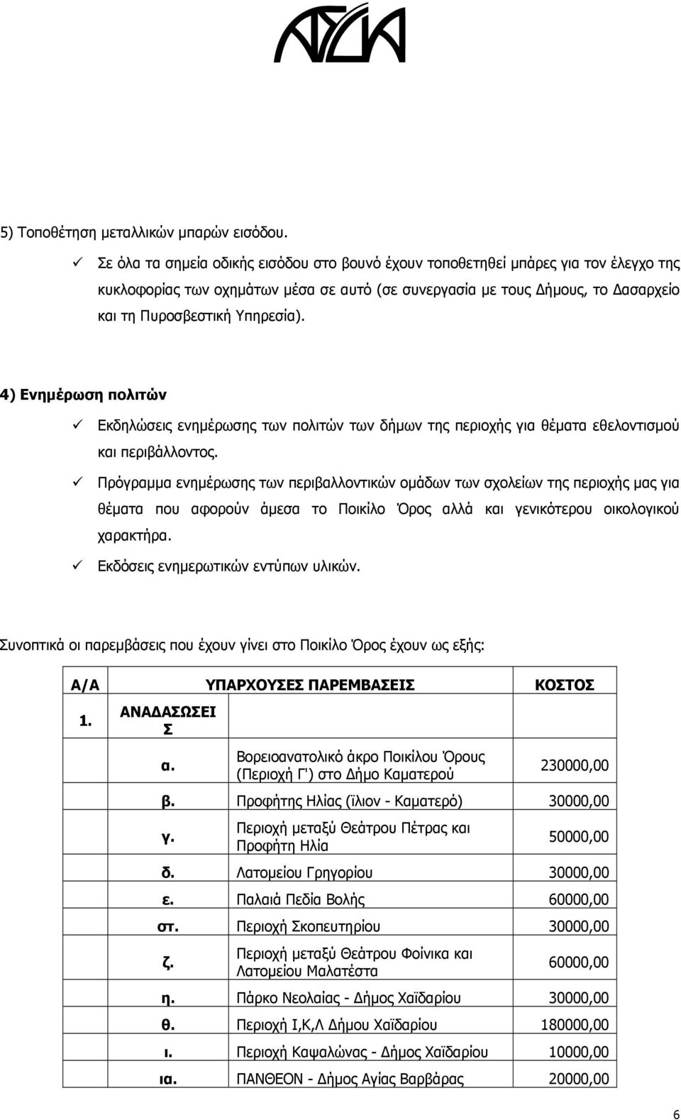 4) Ενημέρωση πολιτών Εκδηλώσεις ενημέρωσης των πολιτών των δήμων της περιοχής για θέματα εθελοντισμού και περιβάλλοντος.