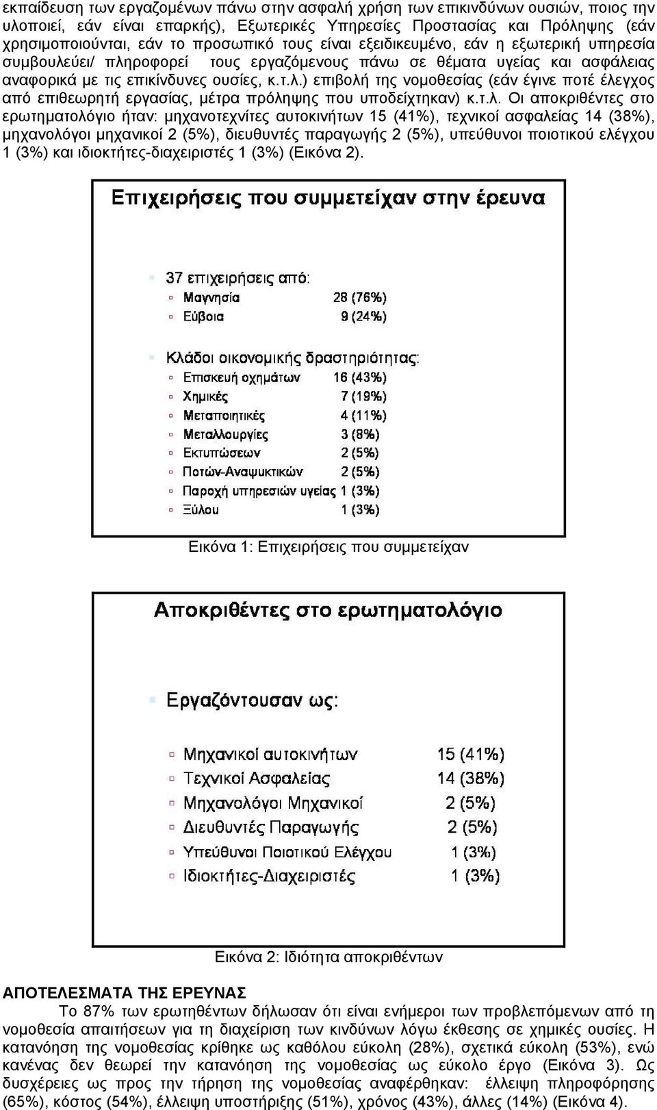 τ.λ. Οι αποκριθέντες στο ερωτηματολόγιο ήταν: μηχανοτεχνίτες αυτοκινήτων 15 (41%), τεχνικοί ασφαλείας 14 (38%), μηχανολόγοι μηχανικοί 2 (5%), διευθυντές παραγωγής 2 (5%), υπεύθυνοι ποιοτικού ελέγχου