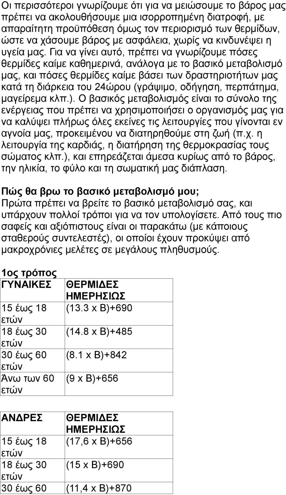 Γηα λα γίλεη απηφ, πξέπεη λα γλσξίδνπκε πφζεο ζεξκίδεο θαίκε θαζεκεξηλά, αλάινγα κε ην βαζηθφ κεηαβνιηζκφ καο, θαη πφζεο ζεξκίδεο θαίκε βάζεη ησλ δξαζηεξηνηήησλ καο θαηά ηε δηάξθεηα ηνπ 24ψξνπ