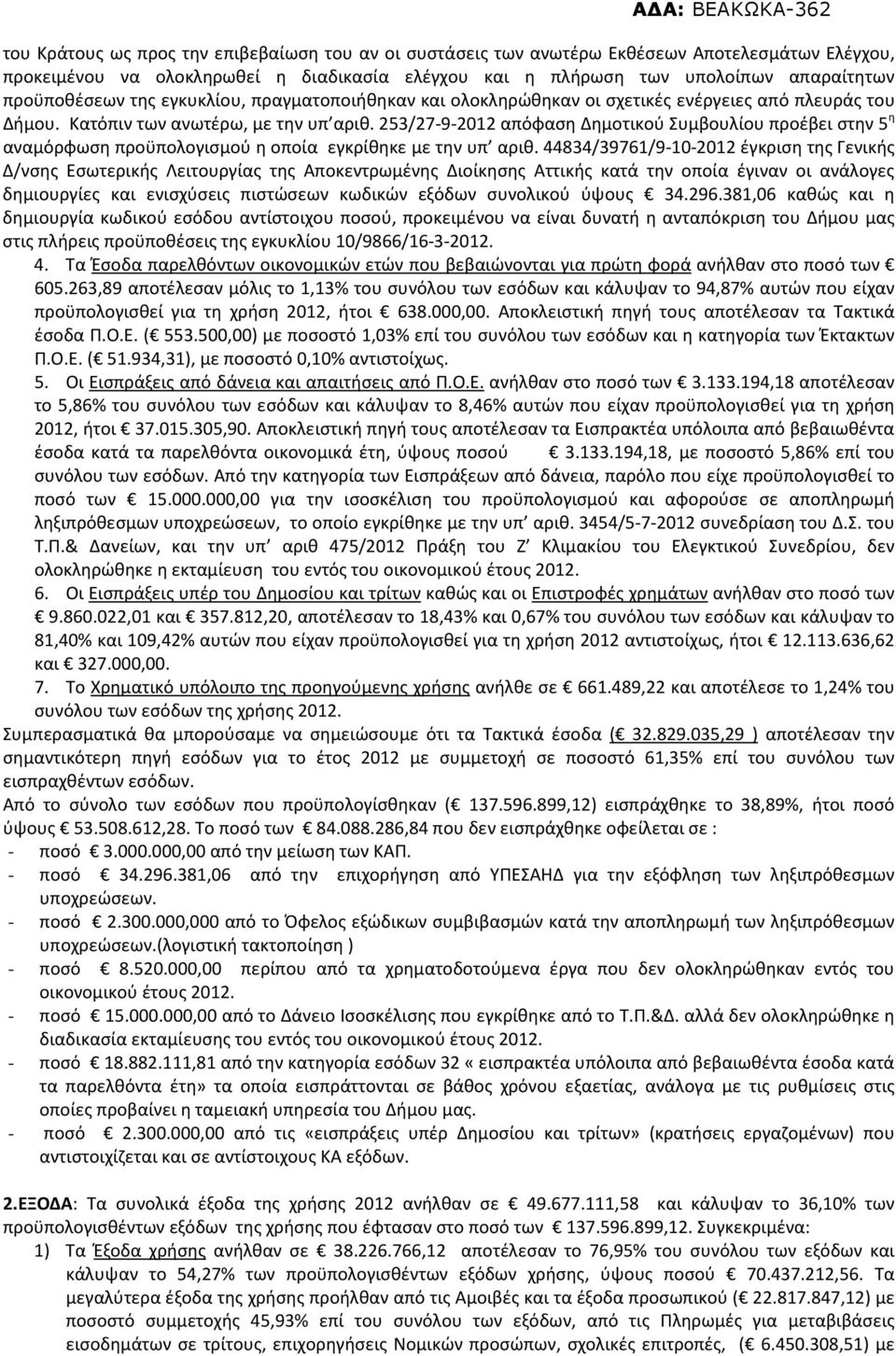253/27-9-2012 απόφαση Δημοτικού Συμβουλίου προέβει στην 5 η αναμόρφωση προϋπολογισμού η οποία εγκρίθηκε με την υπ αριθ.