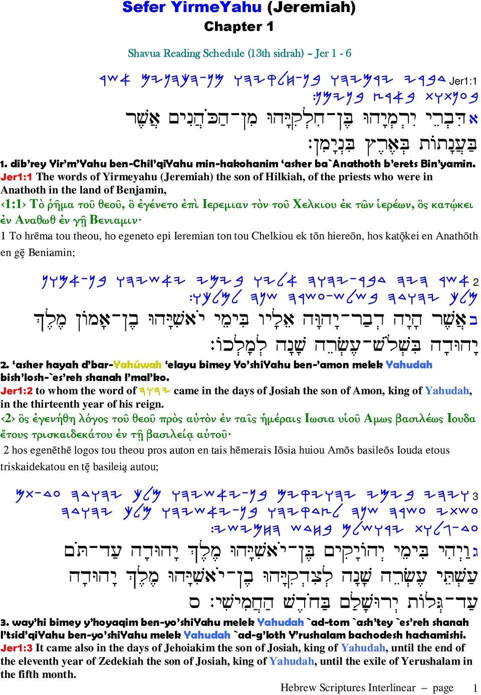 Jer1:1 The words of Yirmeyahu (Jeremiah) the son of Hilkiah, of the priests who were in Anathoth in the land of Benjamin, 1:1 Τὸ ῥῆµα τοῦ θεοῦ, ὃ ἐγένετο ἐπὶ Ιερεµιαν τὸν τοῦ Χελκιου ἐκ τῶν ἱερέων,