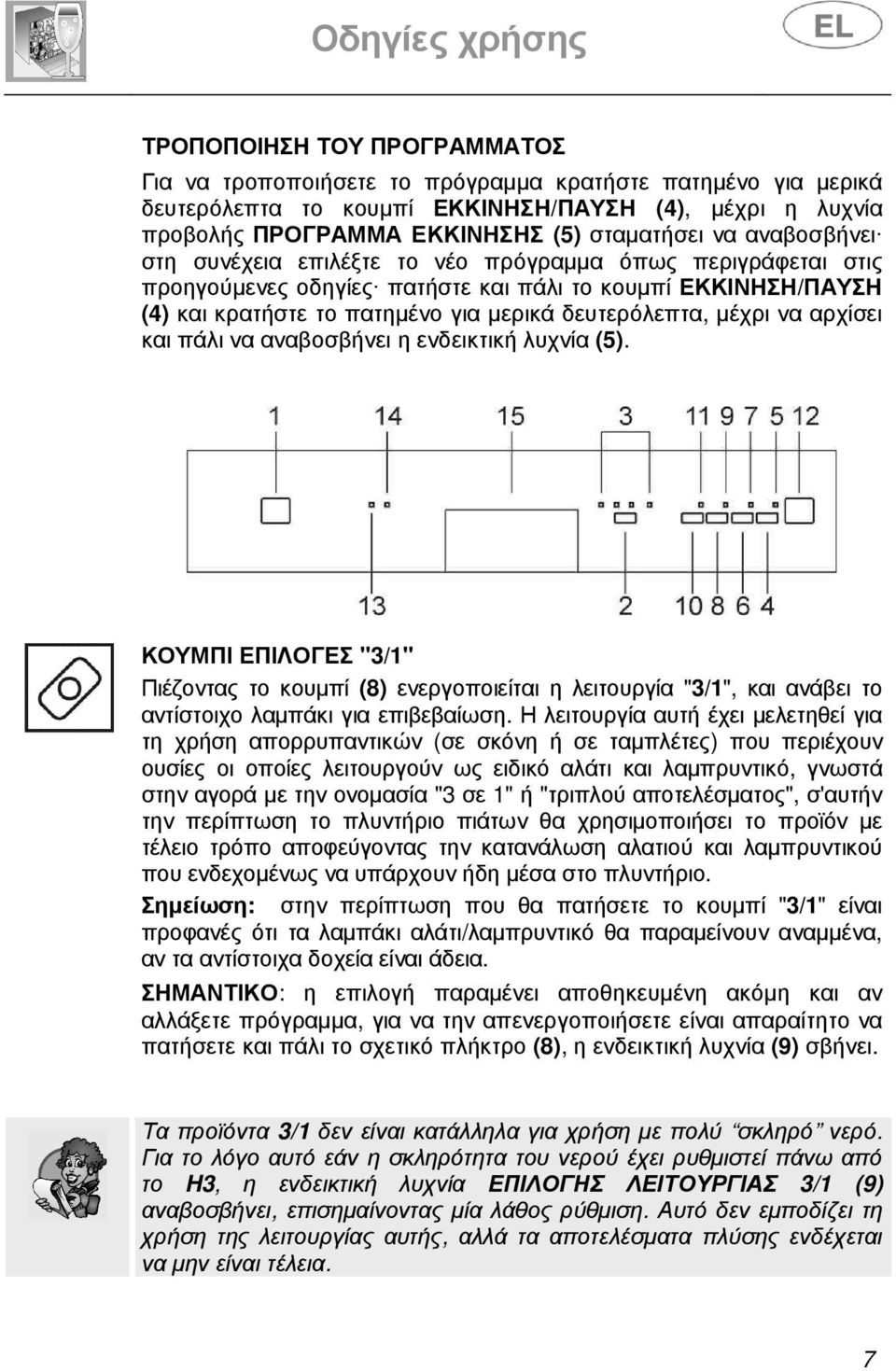 αρχίσει και πάλι να αναβοσβήνει η ενδεικτική λυχνία (5). ΚΟΥΜΠΙ ΕΠΙΛΟΓΕΣ "3/1" Πιέζοντας το κουµπί (8) ενεργοποιείται η λειτουργία "3/1", και ανάβει το αντίστοιχο λαµπάκι για επιβεβαίωση.