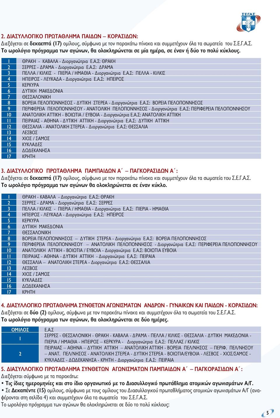 Α.Σ: ΗΠΕΙΡΟΣ 5 ΚΕΡΚΥΡΑ 6 ΔΥΤΙΚΗ ΜΑΚΕΔΟΝΙΑ 7 ΘΕΣΣΑΛΟΝΙΚΗ 8 ΒΟΡΕΙΑ ΠΕΛΟΠΟΝΝΗΣΟΣ - ΔΥΤΙΚΗ ΣΤΕΡΕΑ - Διοργανώτρια Ε.Α.Σ: ΒΟΡΕΙΑ ΠΕΛΟΠΟΝΝΗΣΟΣ 9 ΠΕΡΙΦΕΡΕΙΑ ΠΕΛΟΠΟΝΝΗΣΟΥ - ΑΝΑΤΟΛΙΚΗ ΠΕΛΟΠΟΝΝΗΣΟΣ - Διοργανώτρια Ε.