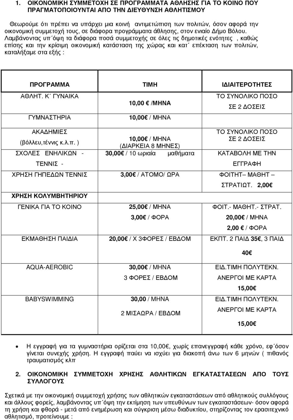 Λαµβάνοντας υπ όψη τα διάφορα ποσά συµµετοχής σε όλες τις δηµοτικές ενότητες, καθώς επίσης και την κρίσιµη οικονοµική κατάσταση της χώρας και κατ επέκταση των πολιτών, καταλήξαµε στα εξής : ΠΡΟΓΡΑΜΜΑ