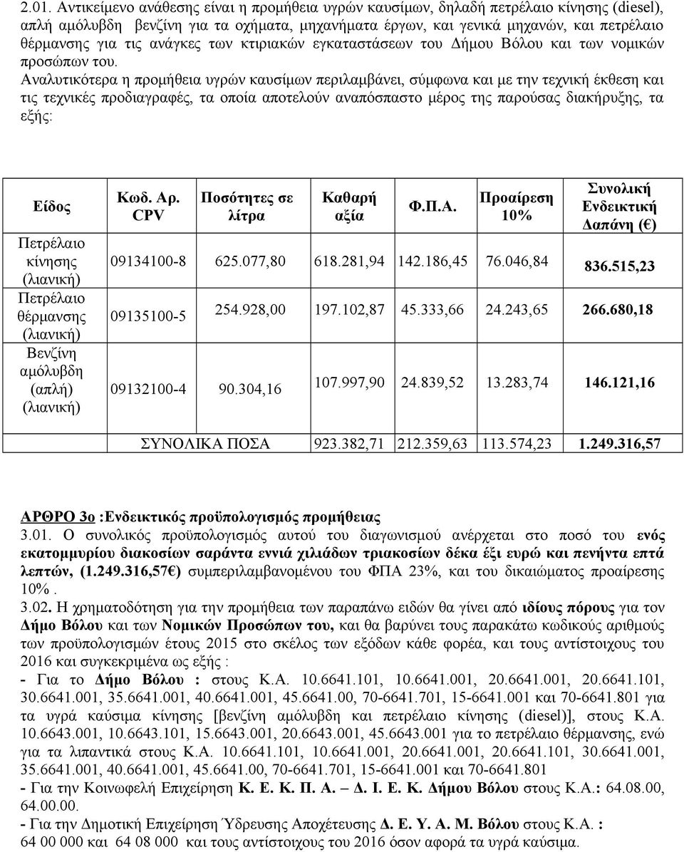 Αναλυτικότερα η προμήθεια υγρών καυσίμων περιλαμβάνει, σύμφωνα και με την τεχνική έκθεση και τις τεχνικές προδιαγραφές, τα οποία αποτελούν αναπόσπαστο μέρος της παρούσας διακήρυξης, τα εξής: Είδος