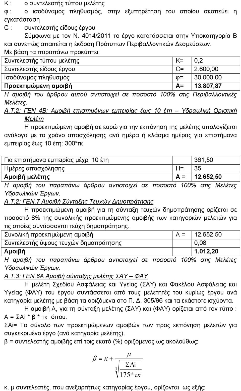 Με βάση τα παραπάνω προκύπτει: Συντελεστής τύπου μελέτης Κ= 0,2 Συντελεστής είδους έργου C= 2.600,00 Ισοδύναμος πληθυσμός φ= 30.000,00 Προεκτιμώμενη αμοιβή Α= 13.