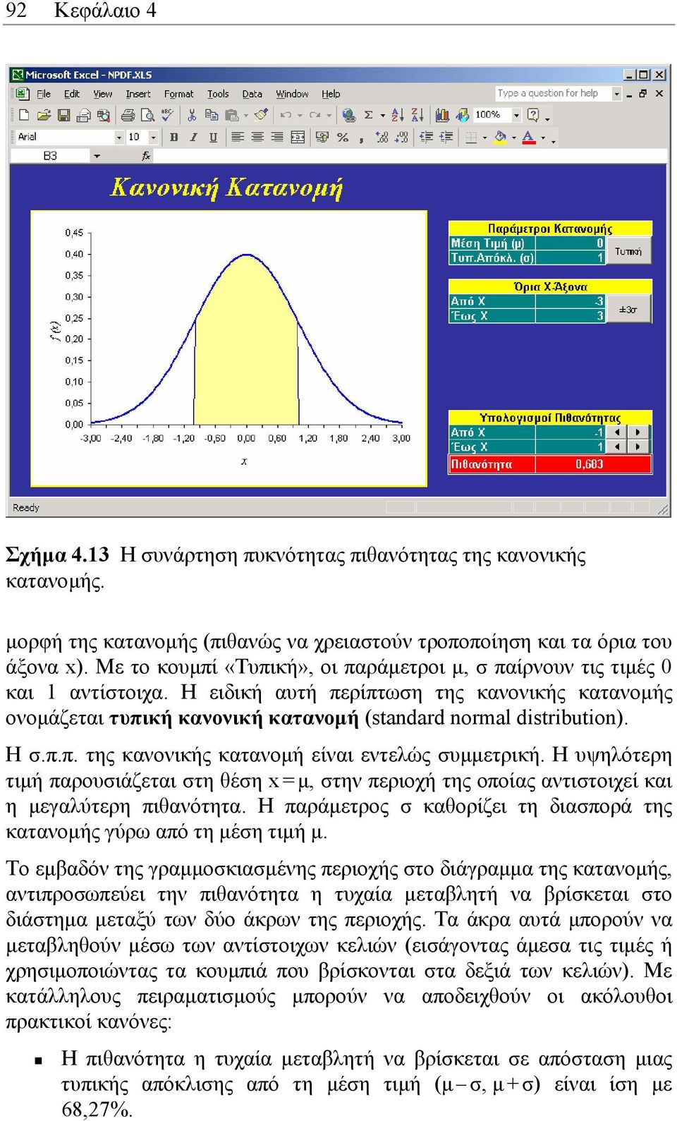 Η σ.π.π. της κανονικής κατανοµή είναι εντελώς συµµετρική. Η υψηλότερη τιµή παρουσιάζεται στη θέση x = µ, στην περιοχή της οποίας αντιστοιχεί και η µεγαλύτερη πιθανότητα.