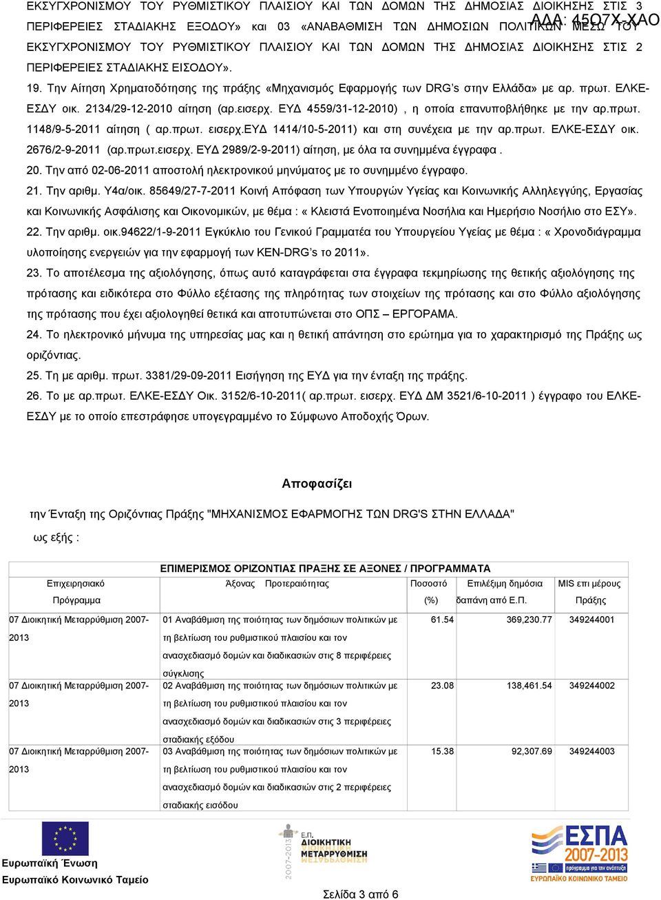 2134/29-12-2010 αίτηση (αρ.εισερχ. ΕΥΔ 4559/31-12-2010), η οποία επανυποβλήθηκε με την αρ.πρωτ. 1148/9-5-2011 αίτηση ( αρ.πρωτ. εισερχ.ευδ 1414/10-5-2011) και στη συνέχεια με την αρ.πρωτ. ΕΛΚΕ-ΕΣΔΥ οικ.