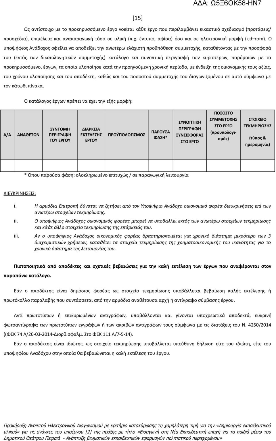 κυριοτέρων, παρόµοιων µε το προκηρυσσόµενο, έργων, τα οποία υλοποίησε κατά την προηγούμενη χρονική περίοδο, µε ένδειξη της οικονομικής τους αξίας, του χρόνου υλοποίησης και του αποδέκτη, καθώς και