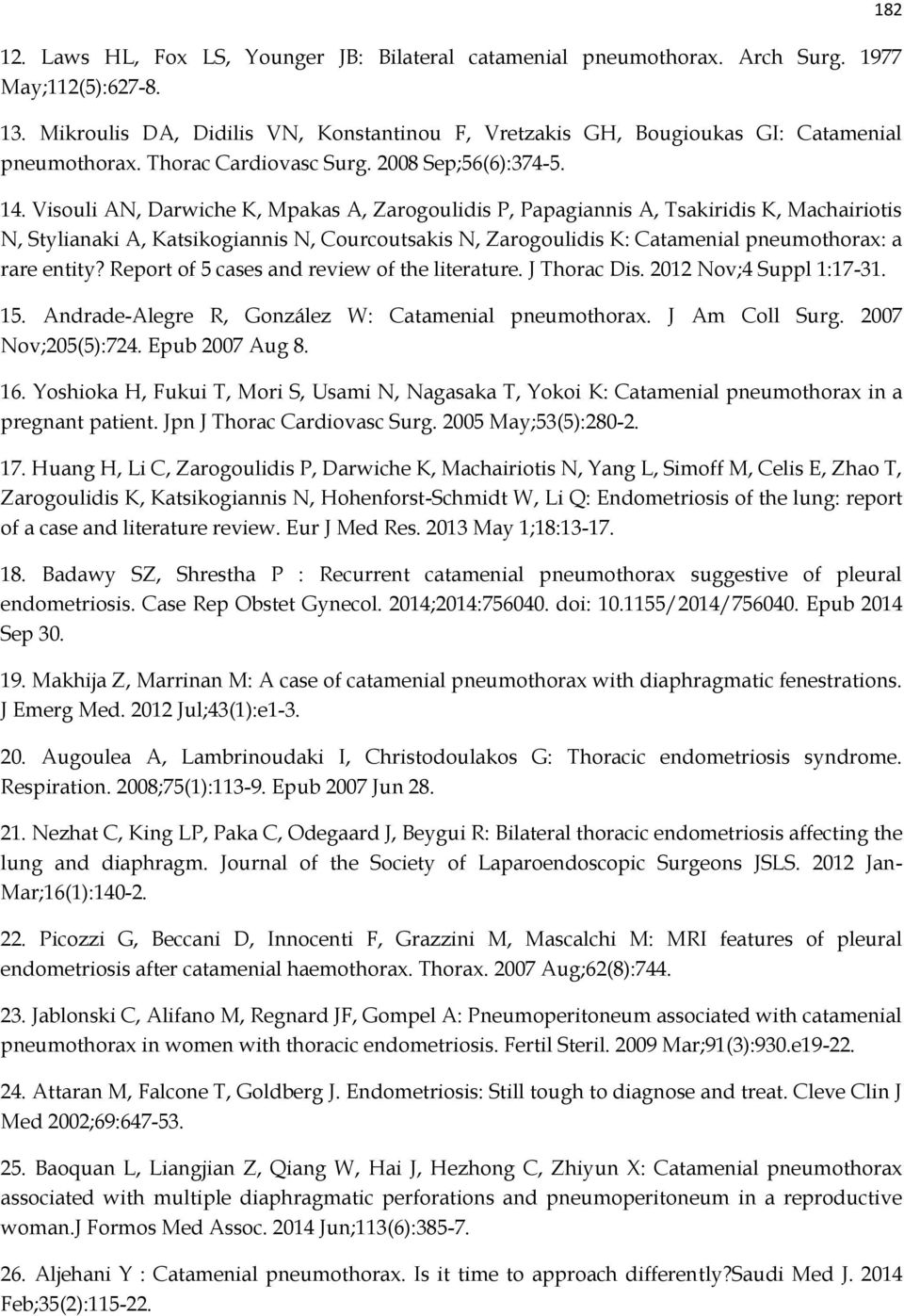 Visouli AN, Darwiche K, Mpakas A, Zarogoulidis P, Papagiannis A, Tsakiridis K, Machairiotis N, Stylianaki A, Katsikogiannis N, Courcoutsakis N, Zarogoulidis K: Catamenial pneumothorax: a rare entity?