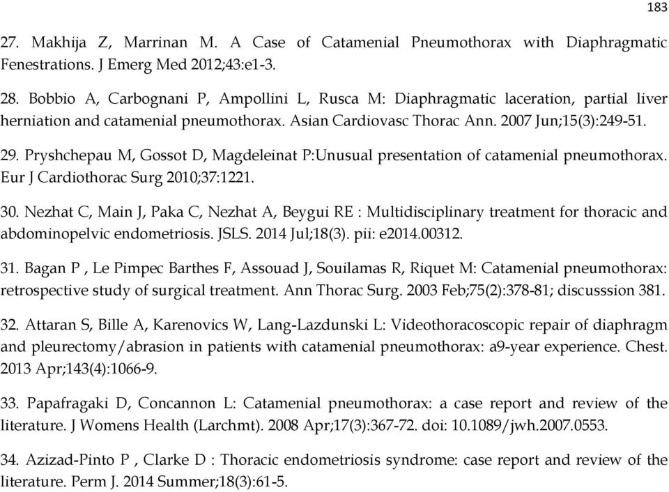 Pryshchepau M, Gossot D, Magdeleinat P:Unusual presentation of catamenial pneumothorax. Eur J Cardiothorac Surg 2010;37:1221. 30.