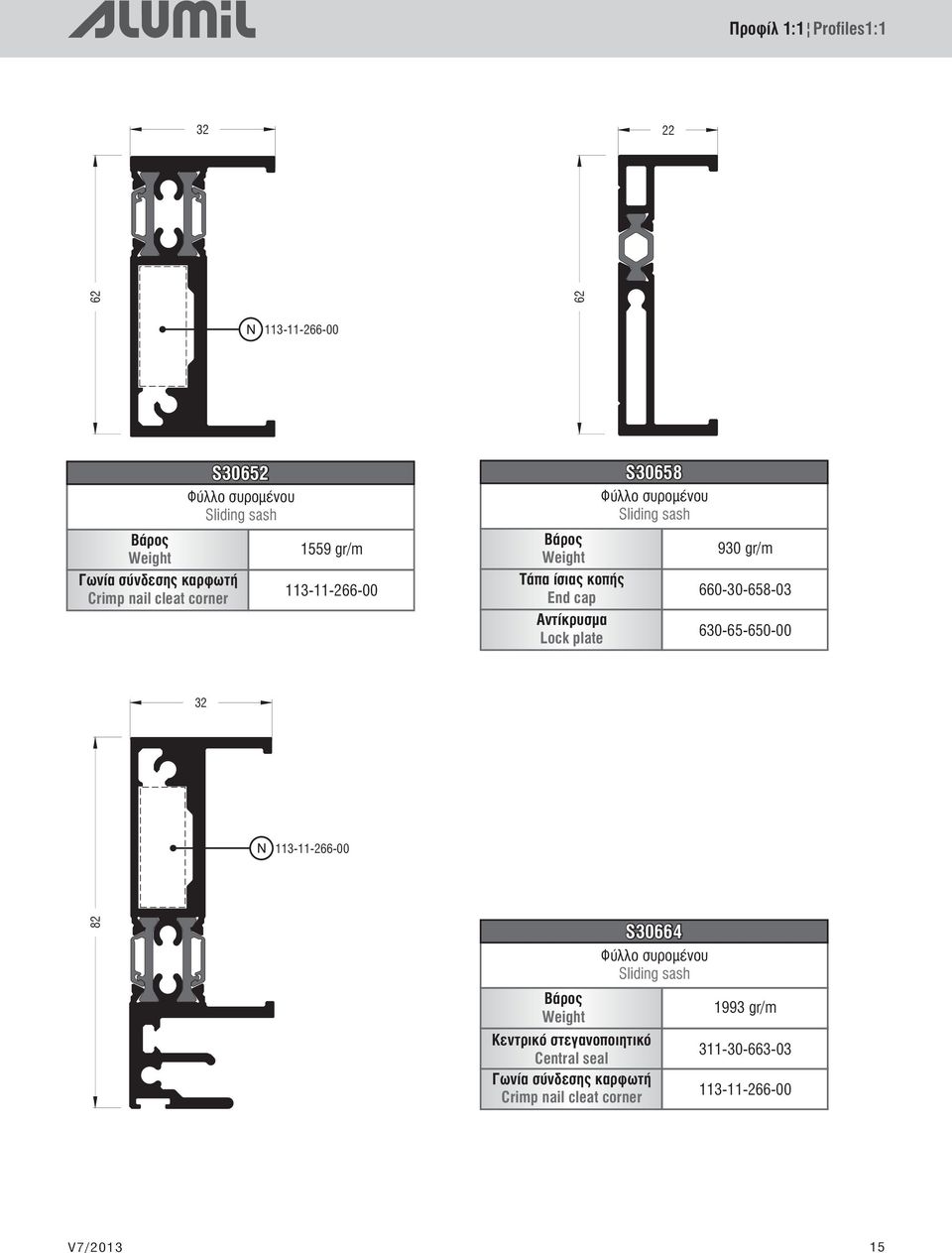 συρομένου Sliding sash 930 gr/m 660-30-658-03 630-65-650-00 32 113-11-266-00 82 ÂÜñïò Weight Κεντρικό στεγανοποιητικό Central