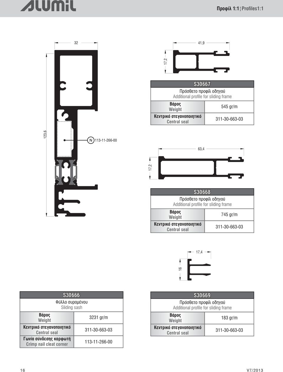 gr/m 311-30-663-03 17,4 16 ÂÜñïò Weight Κεντρικό στεγανοποιητικό Central seal Γωνία σύνδεσης καρφωτή Crimp nail cleat corner S30666 Φύλλο συρομένου Sliding sash 3231