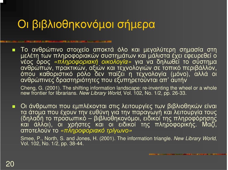 Cheng, G. (2001). The shifting information landscape: re-inventing the wheel or a whole new frontier for librarians. New Library World, Vol. 102, No. 1/2, pp. 26-33.