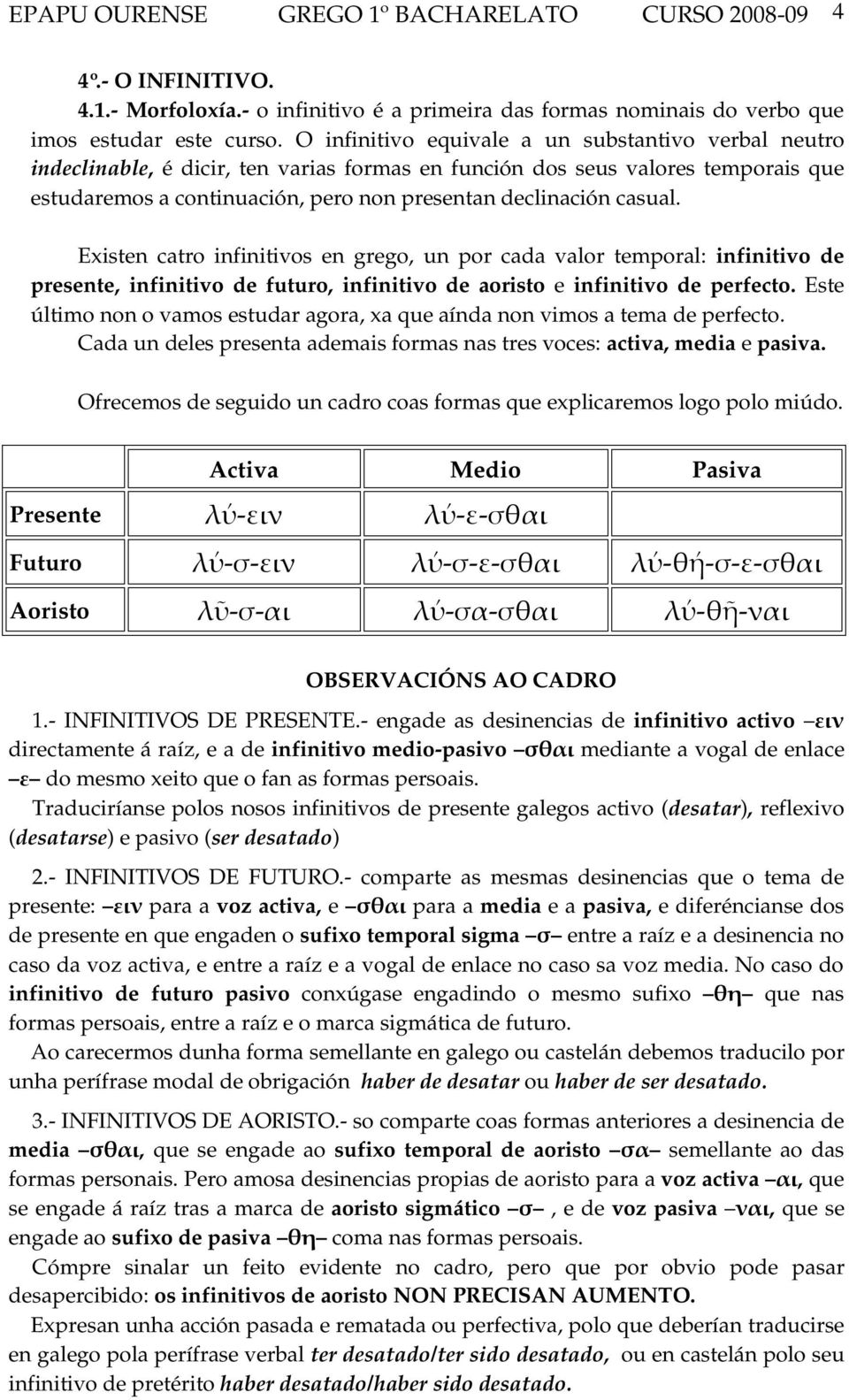 casual. Existen catro infinitivos en grego, un por cada valor temporal: infinitivo de presente, infinitivo de futuro, infinitivo de aoristo e infinitivo de perfecto.