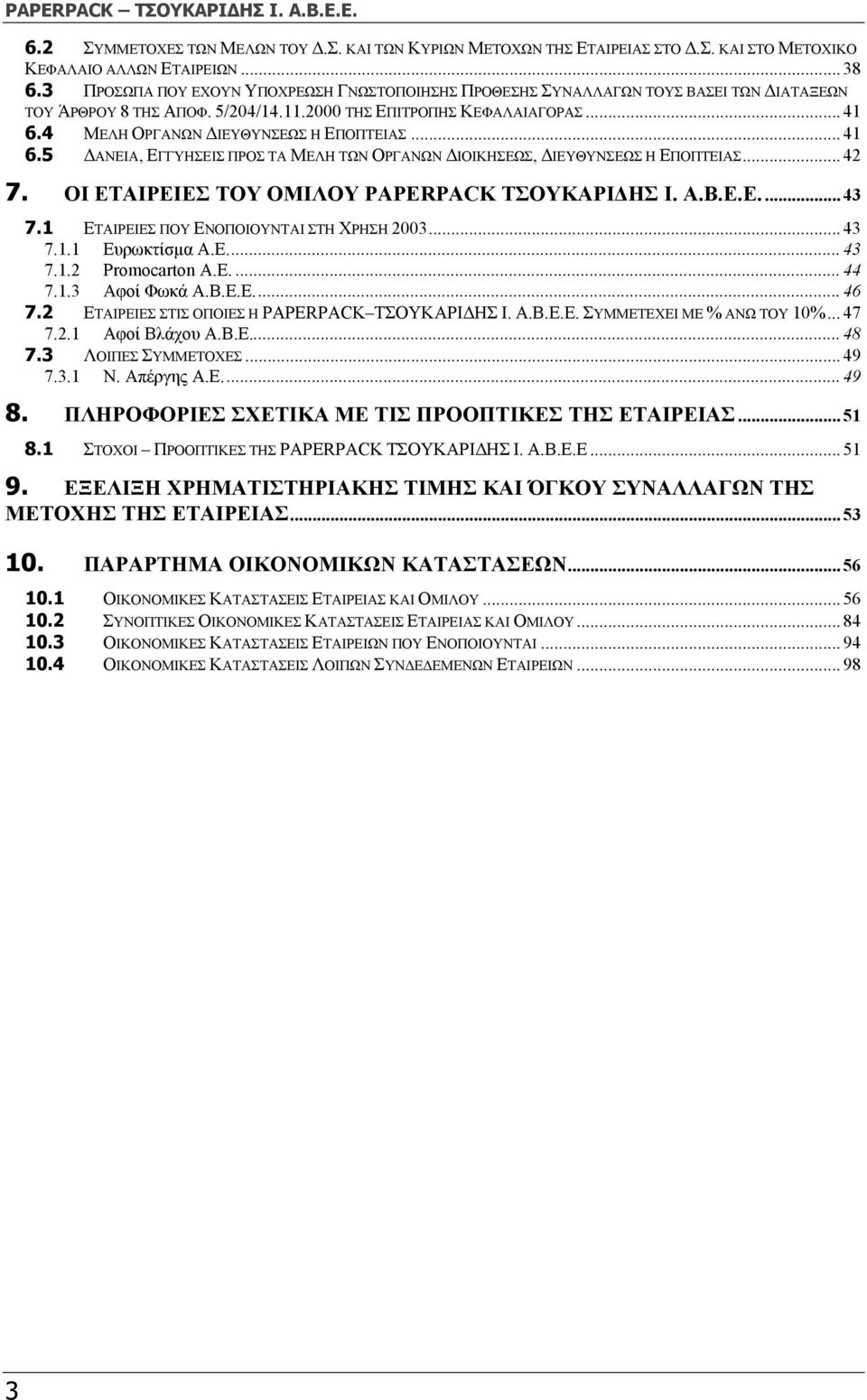 4 ΜΕΛΗ ΟΡΓΑΝΩΝ ΙΕΥΘΥΝΣΕΩΣ Η ΕΠΟΠΤΕΙΑΣ... 41 6.5 ΑΝΕΙΑ, ΕΓΓΥΗΣΕΙΣ ΠΡΟΣ ΤΑ ΜΕΛΗ ΤΩΝ ΟΡΓΑΝΩΝ ΙΟΙΚΗΣΕΩΣ, ΙΕΥΘΥΝΣΕΩΣ Η ΕΠΟΠΤΕΙΑΣ... 42 7. ΟΙ ΕΤΑΙΡΕΙΕΣ ΤΟΥ ΟΜΙΛΟΥ PAPERPACK ΤΣΟΥΚΑΡΙ ΗΣ Ι. Α.Β.Ε.Ε.... 43 7.