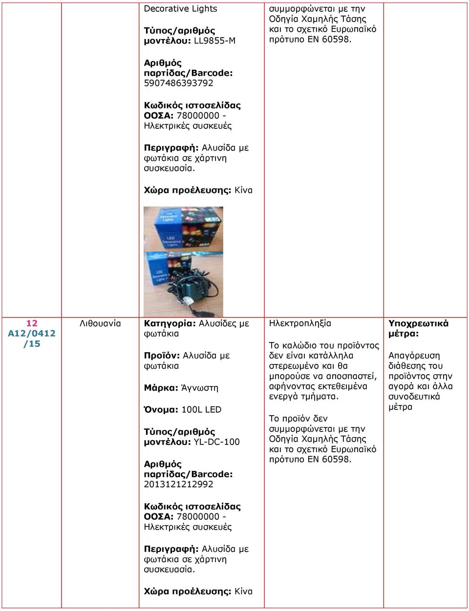 12 A12/0412 Λιθουανία Κατηγορία: Αλυσίδες µε φωτάκια Προϊόν: Αλυσίδα µε φωτάκια Μάρκα: Άγνωστη Όνοµα: 100L LED µοντέλου: YL-DC-100 2013121212992 Ηλεκτροπληξία Το καλώδιο του προϊόντος δεν