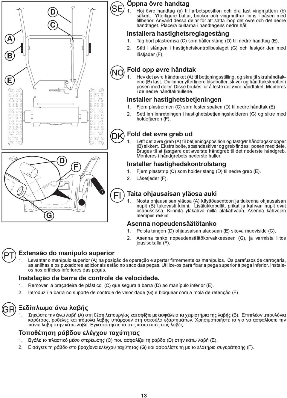 Tag bort plastremsa (C) som håller stång (D) till nedre handtag (E). 2. Sätt i stången i hastighetskontrollbeslaget (G) och fastgör den med låsfjäder (F). Fold opp øvre håndtak 1.