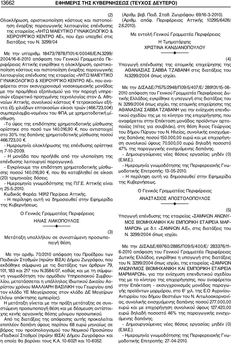 3299/ 2004/16 6 2010 απόφαση του Γενικού Γραμματέα Πε ριφέρειας Αττικής εγκρίθηκε η ολοκλήρωση, οριστικο ποίηση κόστους και πιστοποίηση έναρξης παραγωγικής λειτουργίας επένδυσης της εταιρείας «ΛΗΤΩ