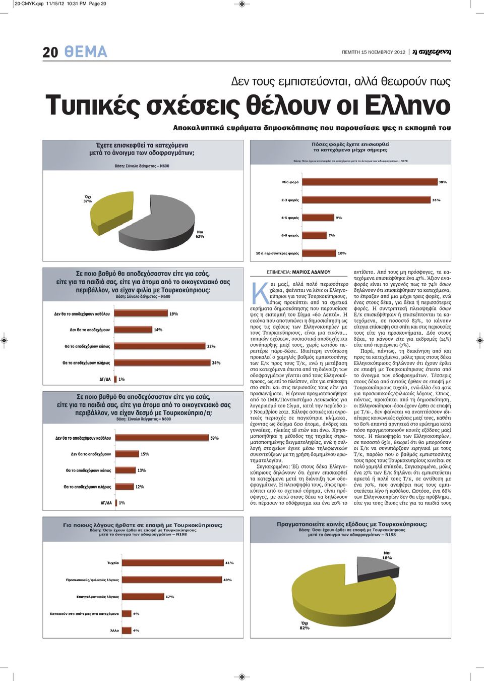 ΑΔΑΜΟΥ Και μαζί, αλλά πολύ περισσότερο χώρια, φαίνεται να λένε οι Ελληνοκύπριοι για τους Τουρκοκύπριους, όπως προκύπτει από τα σχετικά ευρήματα δημοσκόπησης που παρουσίασε ψες η εκπομπή του Σίγμα «60