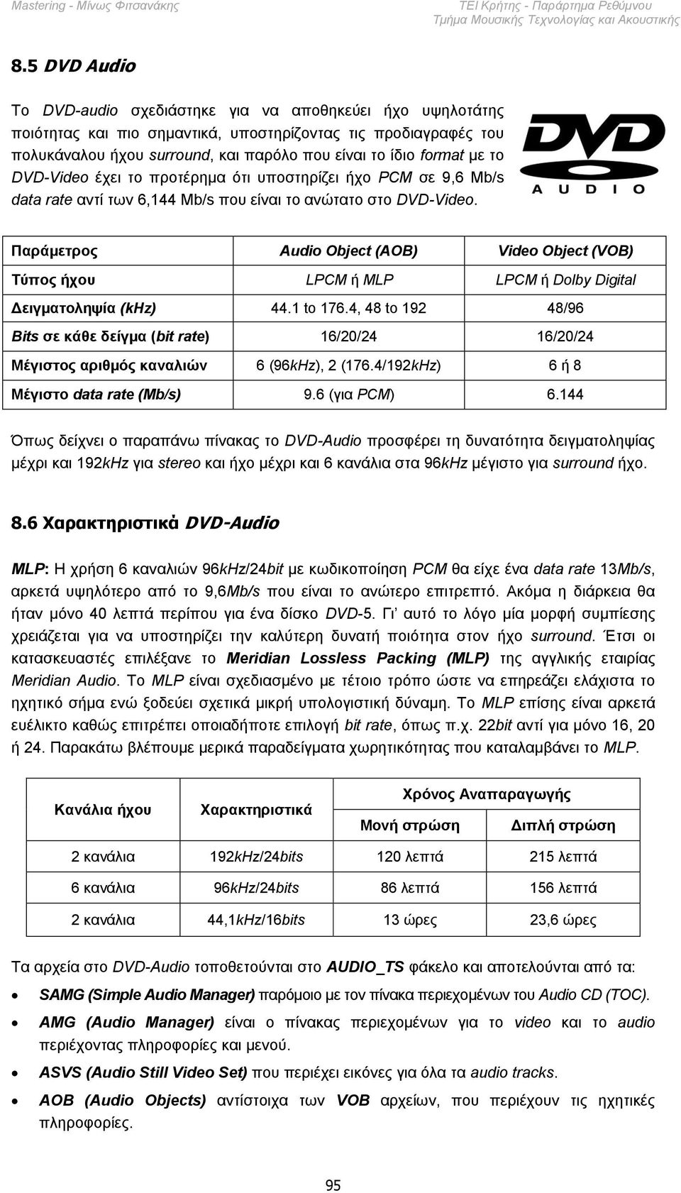 Παράμεηρος Audio Object (AOB) Video Object (VOB) Τύπος ήτοσ LPCM ή MLP LPCM ή Dolby Digital Δειγμαηοληυία (khz) 44.1 to 176.