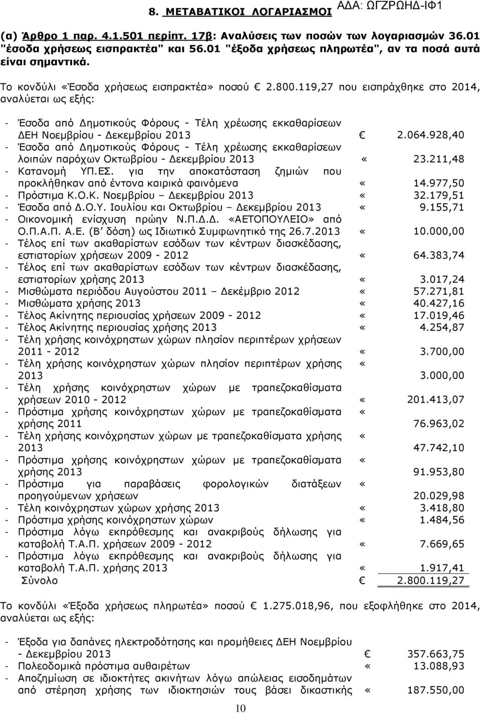 119,27 που εισπράχθηκε στο 2014, αναλύεται ως εξής: - Έσοδα από ηµοτικούς Φόρους - Τέλη χρέωσης εκκαθαρίσεων ΕΗ Νοεµβρίου - εκεµβρίου 2013 2.064.