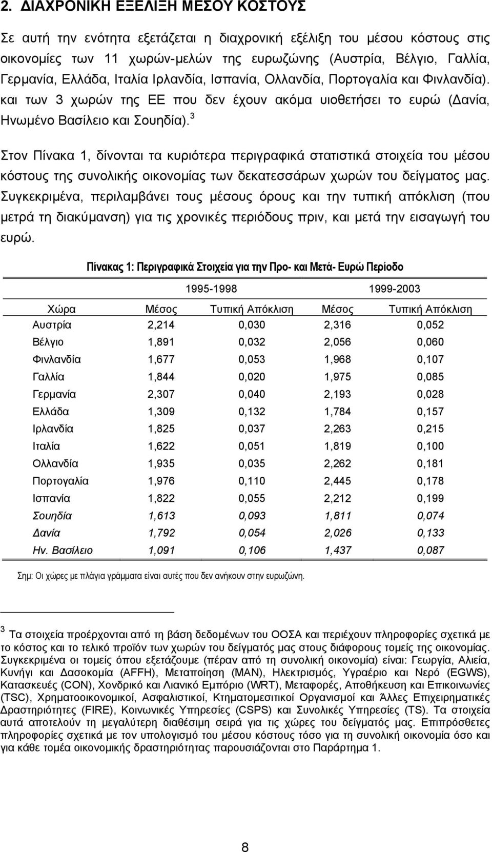 3 Στον Πίνακα 1, δίνονται τα κυριότερα περιγραφικά στατιστικά στοιχεία του µέσου κόστους της συνολικής οικονοµίας των δεκατεσσάρων χωρών του δείγµατος µας.